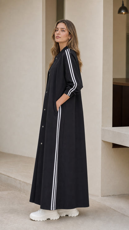 Side profile of woman in black longline jacket and matching striped wide leg trousers