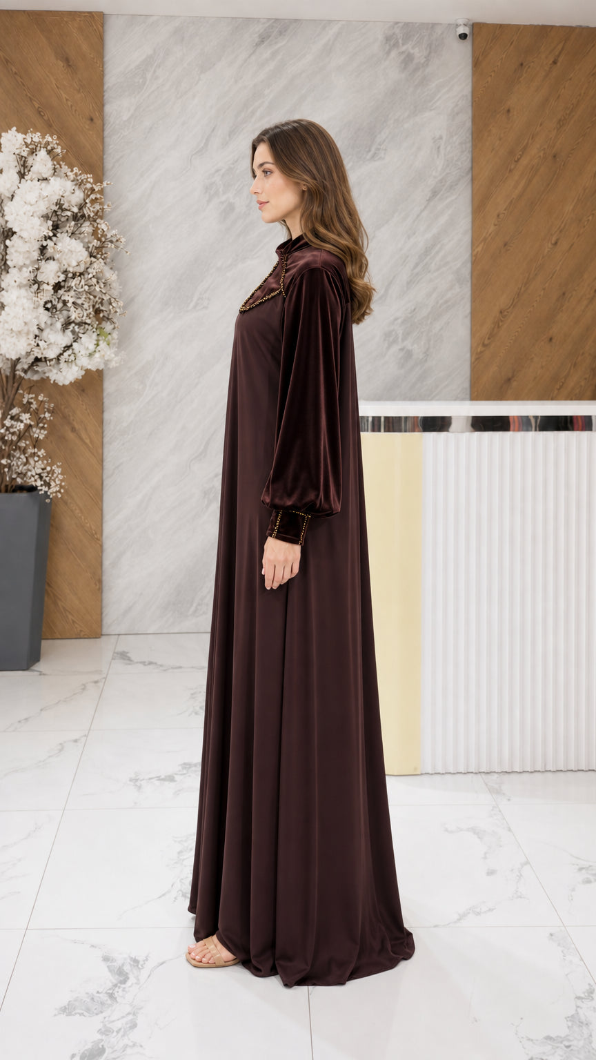 Chocolate brown velvet long sleeve evening gown side profile