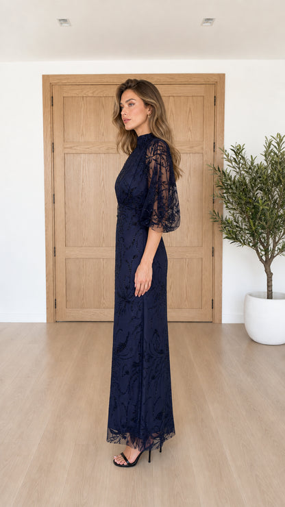 Navy blue formal evening maxi dress side profile view