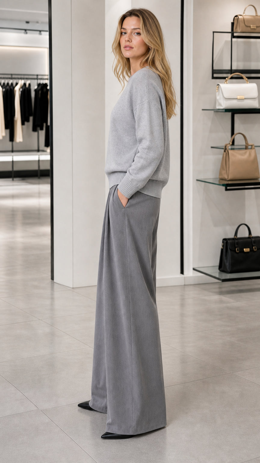 Side profile view of model wearing a light grey crewneck knit pullover