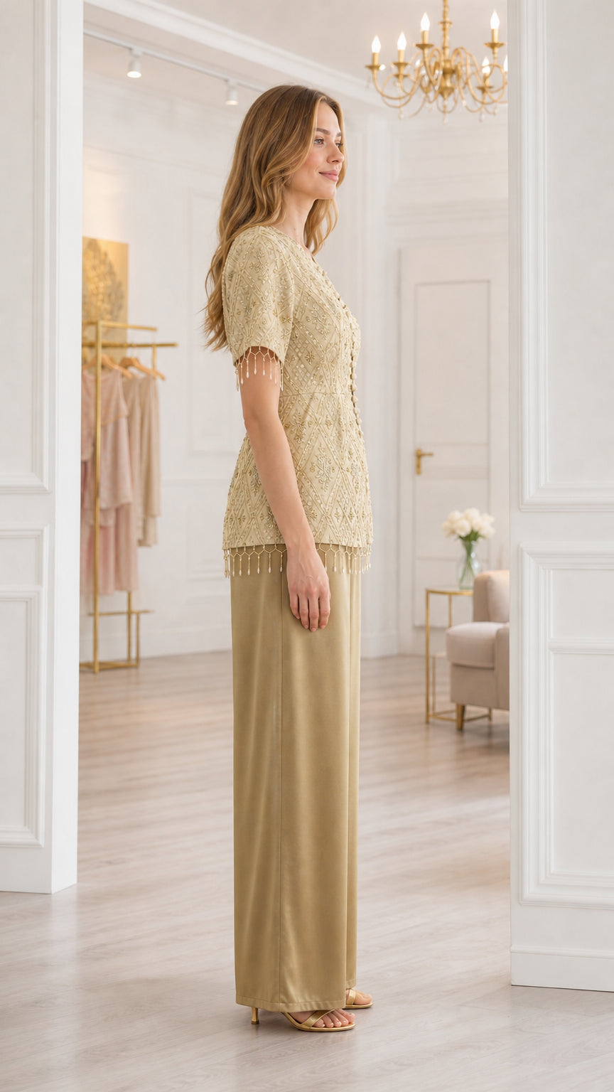 Side profile view of champagne gold two-piece evening pant suit with tassel hem