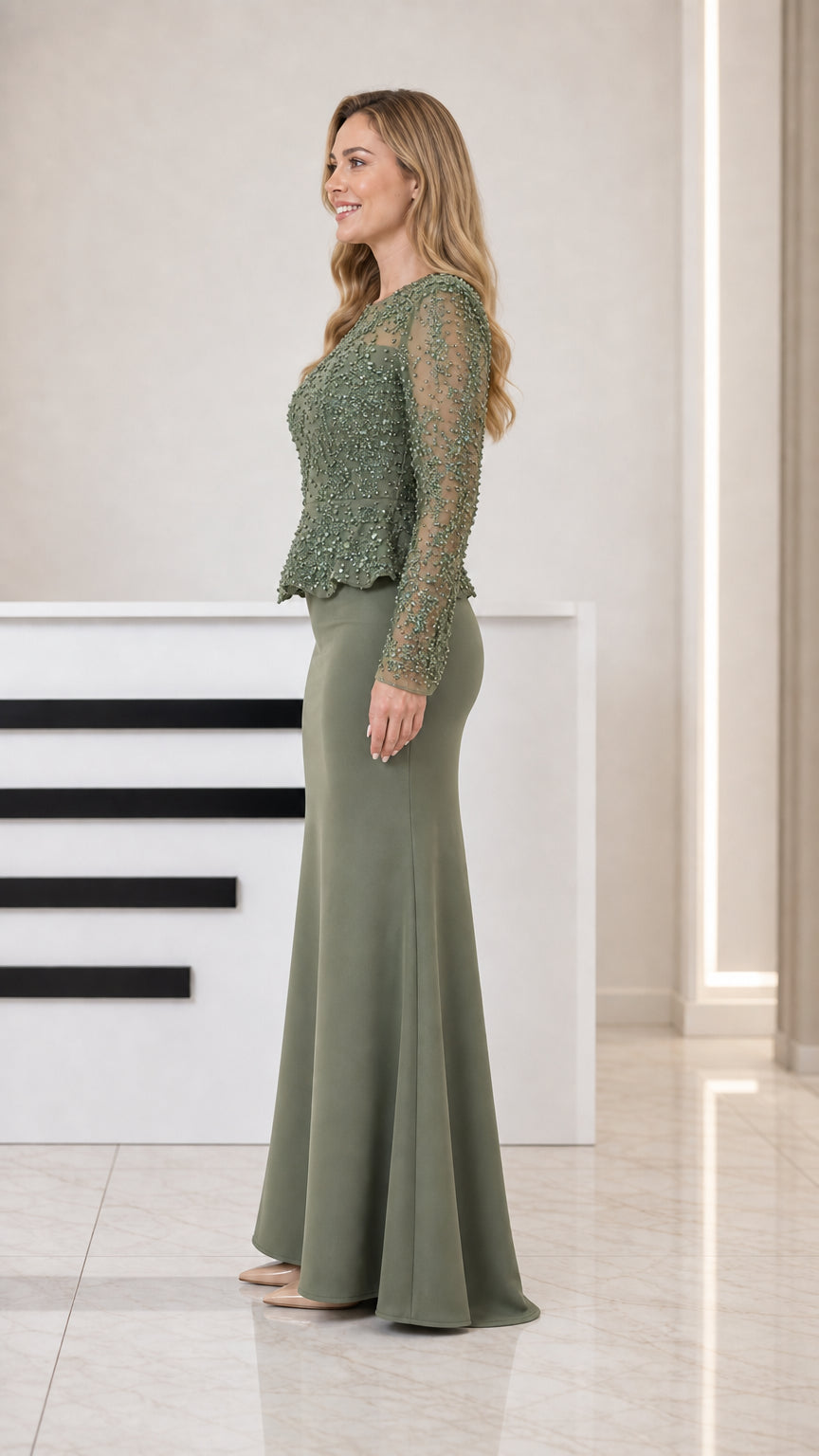 Sage green beaded peplum evening dress side profile view