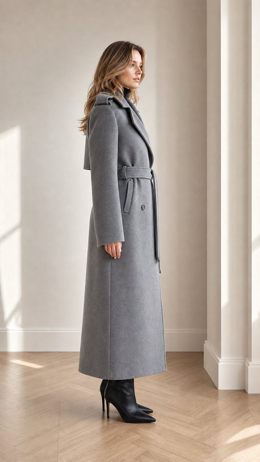 Side profile view of woman wearing tailored grey maxi trench overcoat