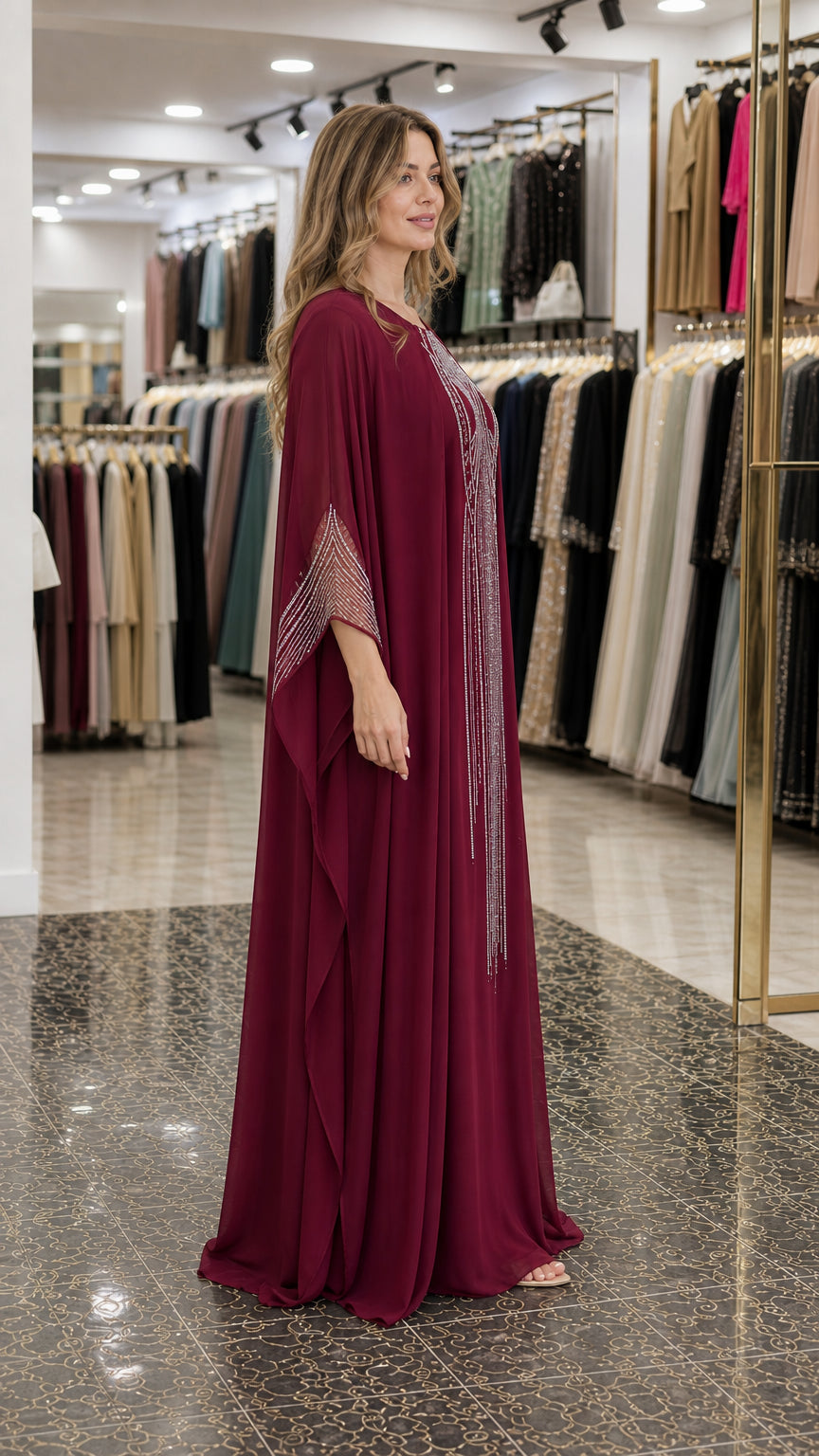 Burgundy flowy batwing kaftan dress three-quarter angle view