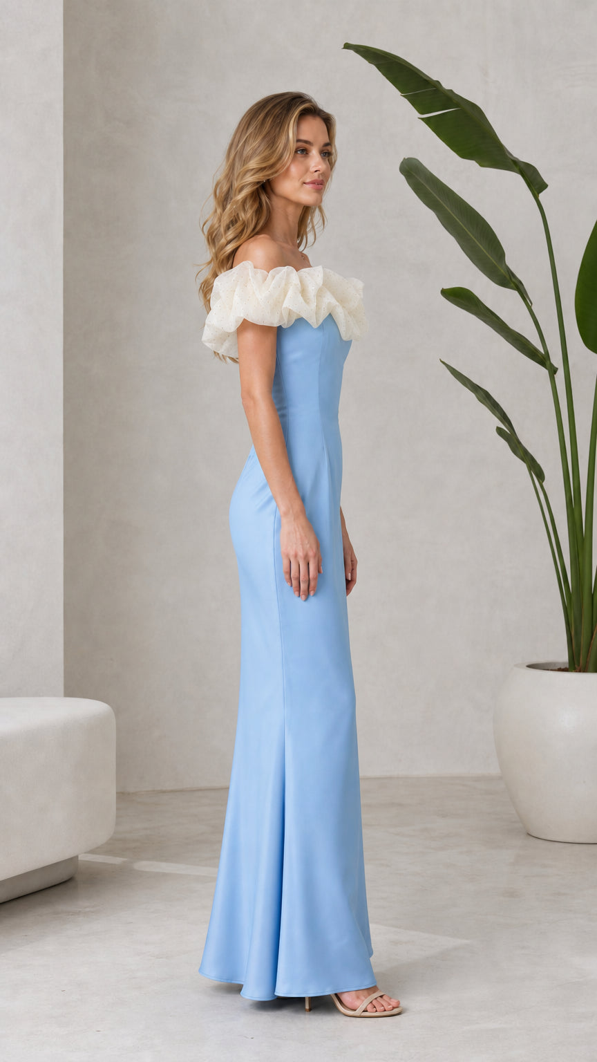 Side view of Light Blue off-the-shoulder evening dress