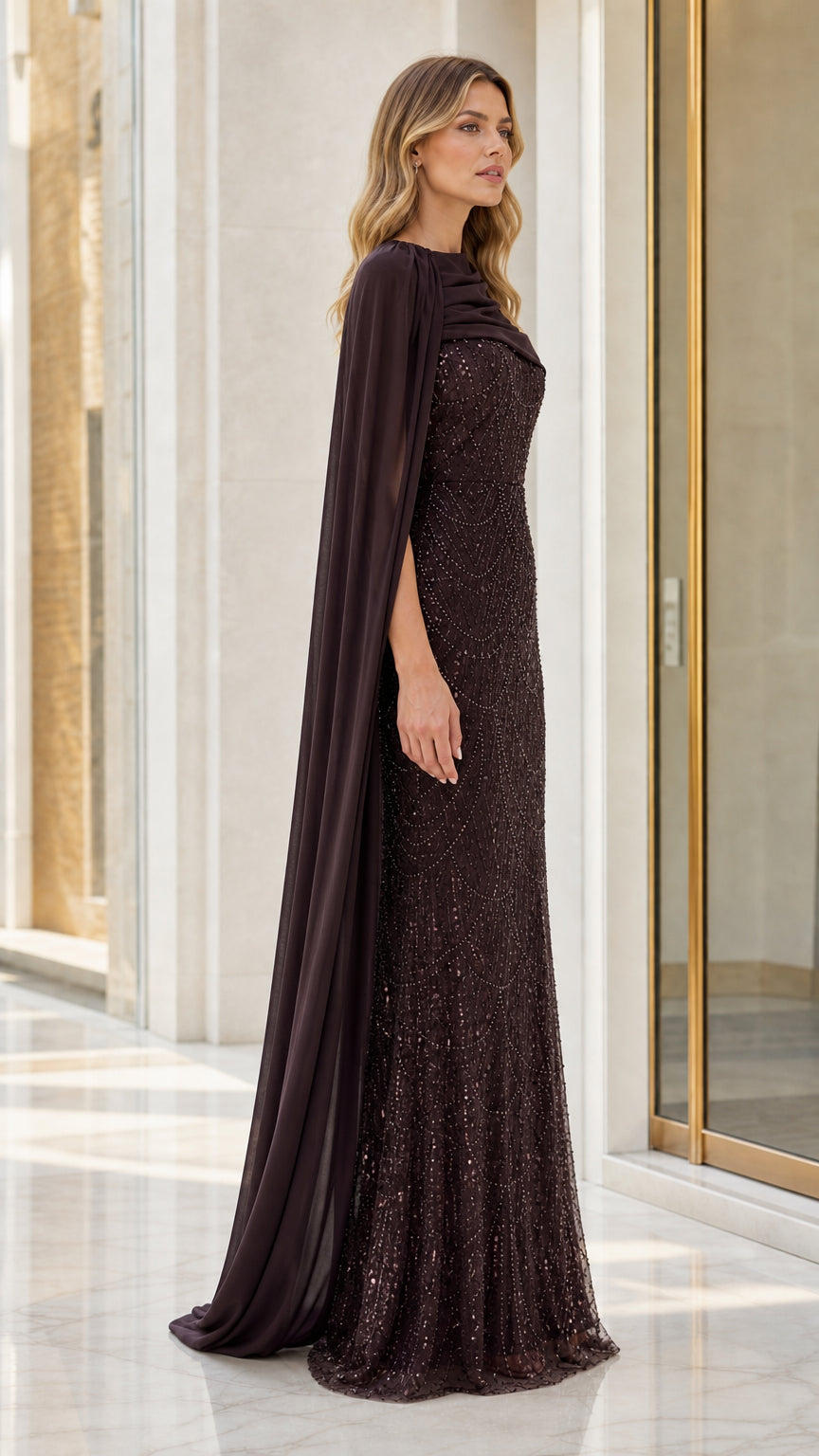 Side profile view of deep espresso sequin formal gown showing flowing cape train