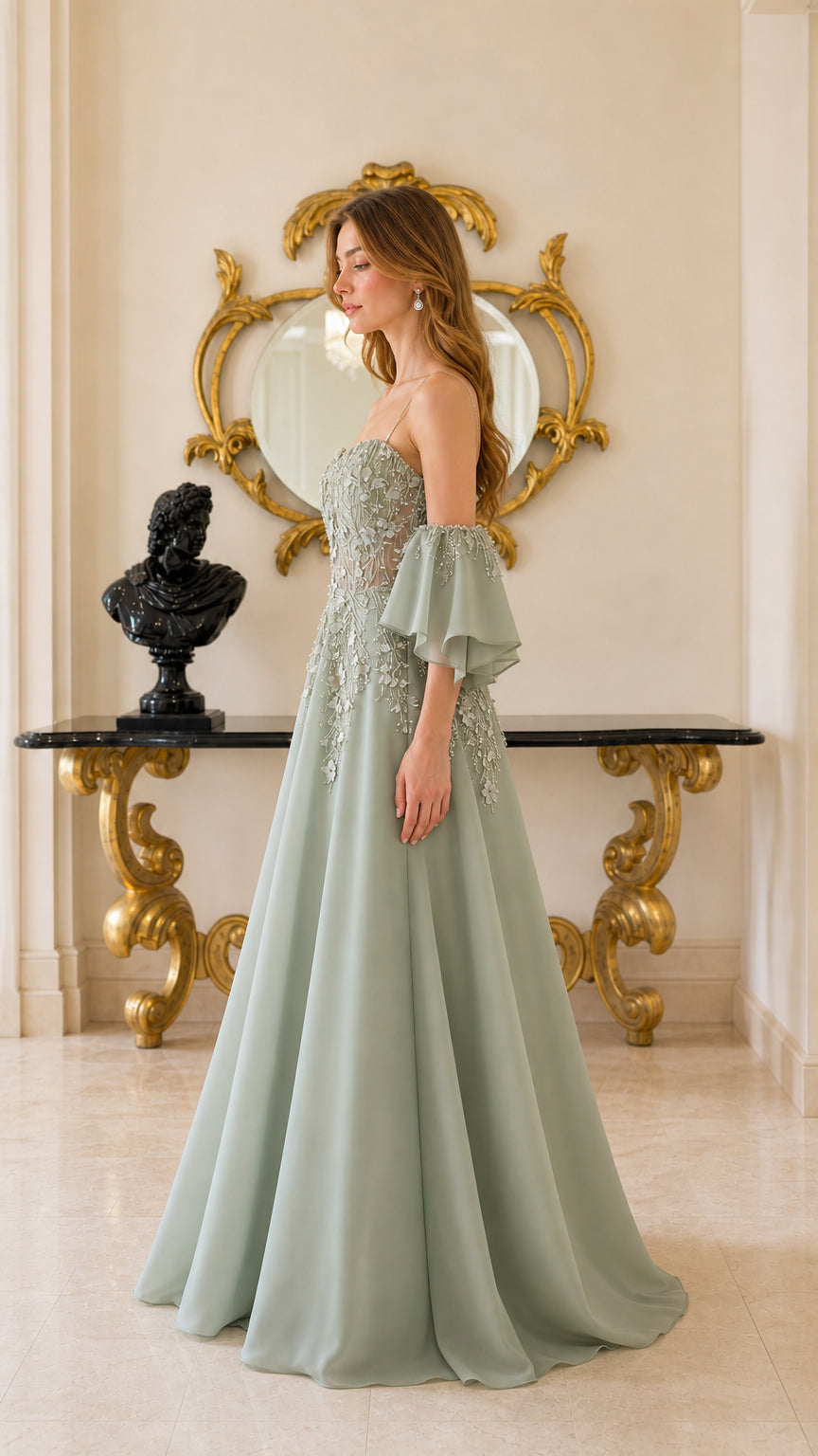 Sage Green A-line chiffon maxi formal dress - side view