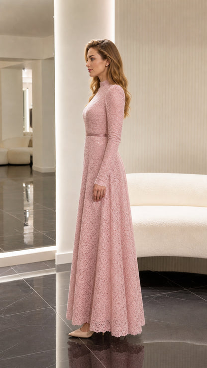 Dusty Pink formal lace gown side profile view