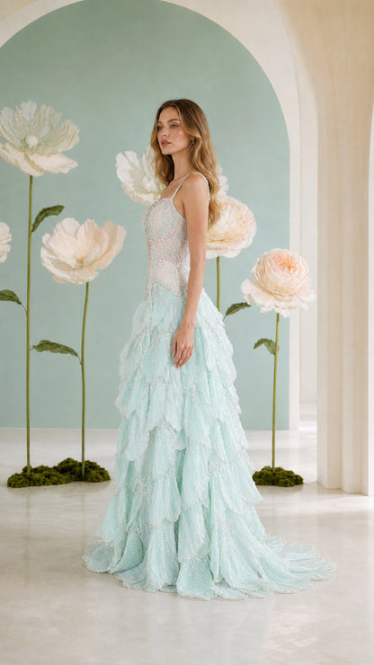 Mint green formal ball gown side angle view showing skirt volume
