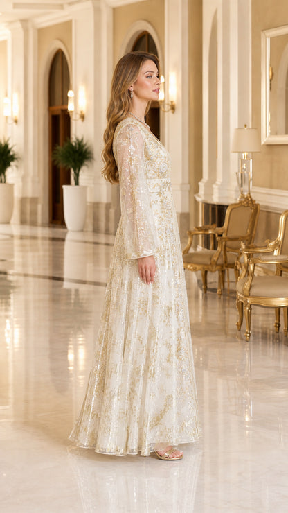 Side profile view of white and gold metallic embroidered evening kaftan gown