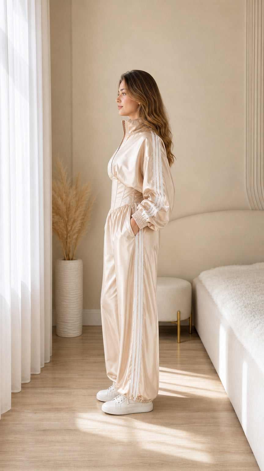 Side view of model wearing champagne satin tracksuit with side stripes