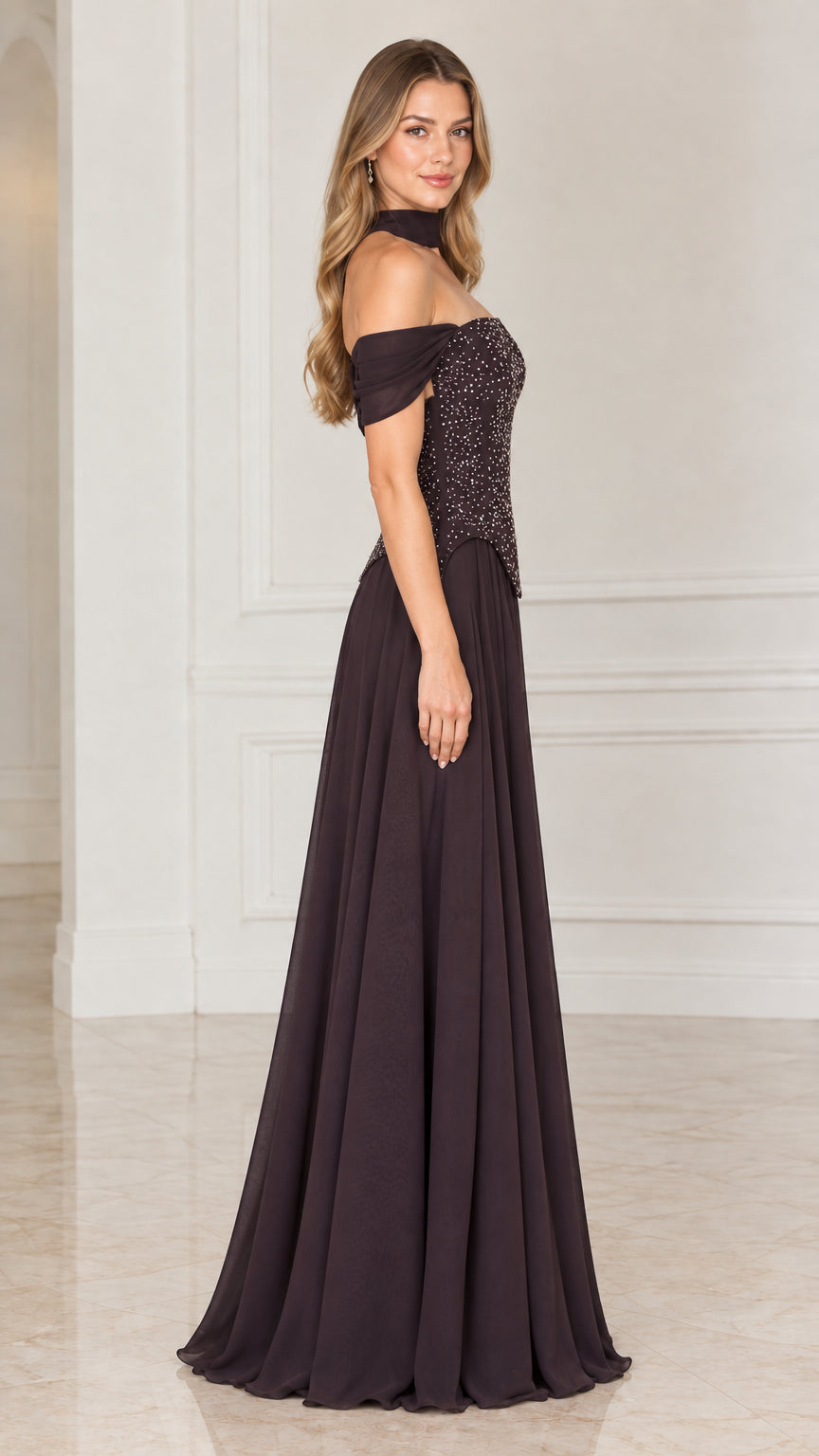 Side view of woman wearing plum beaded basque waist evening dress