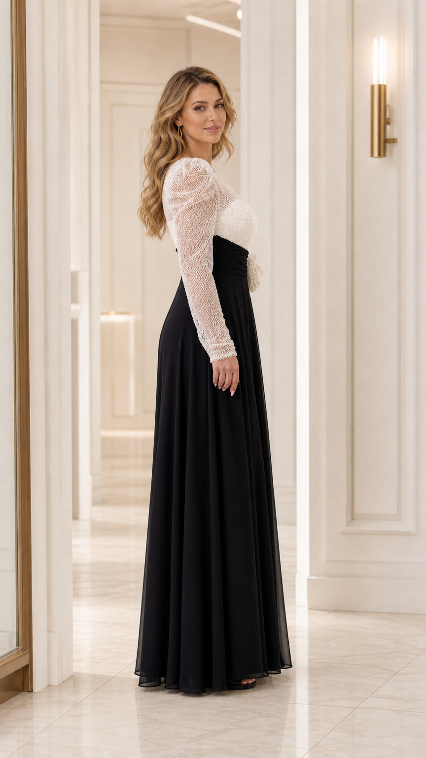 Three-quarter view of black and white long sleeve sequin formal maxi dress