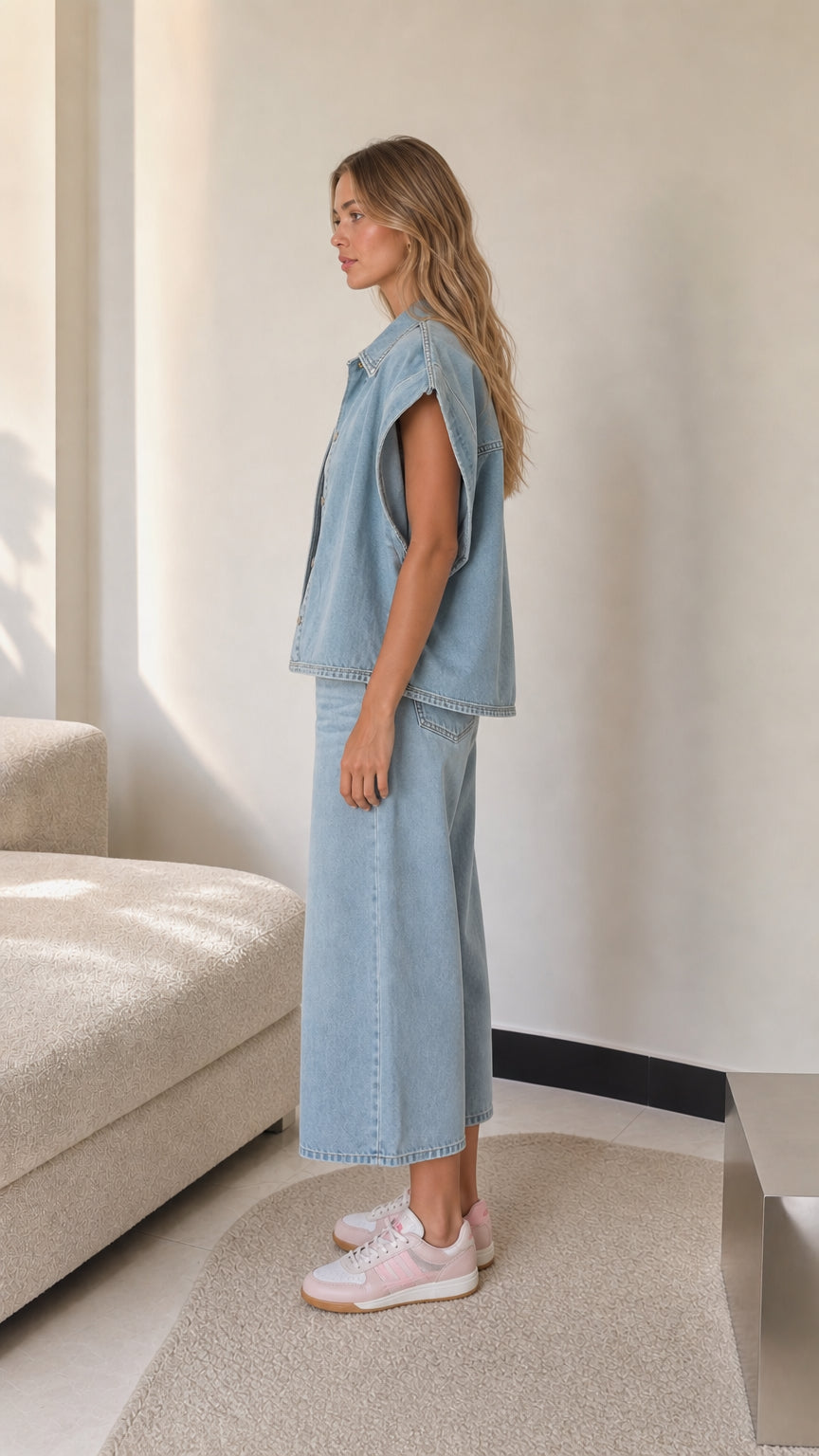 Side profile view of model in Light Blue button-down denim vest and wide-leg denim trousers