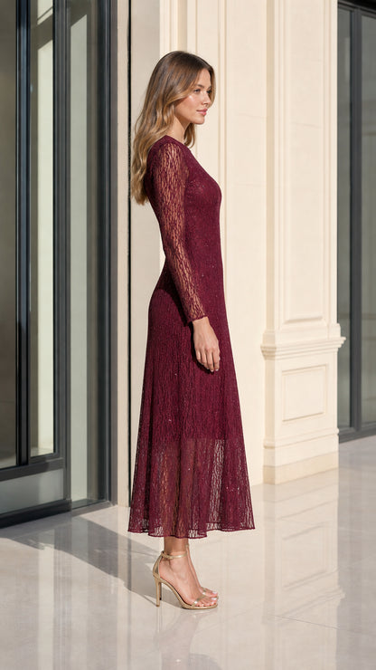 Burgundy sequin lace midi dress side profile view