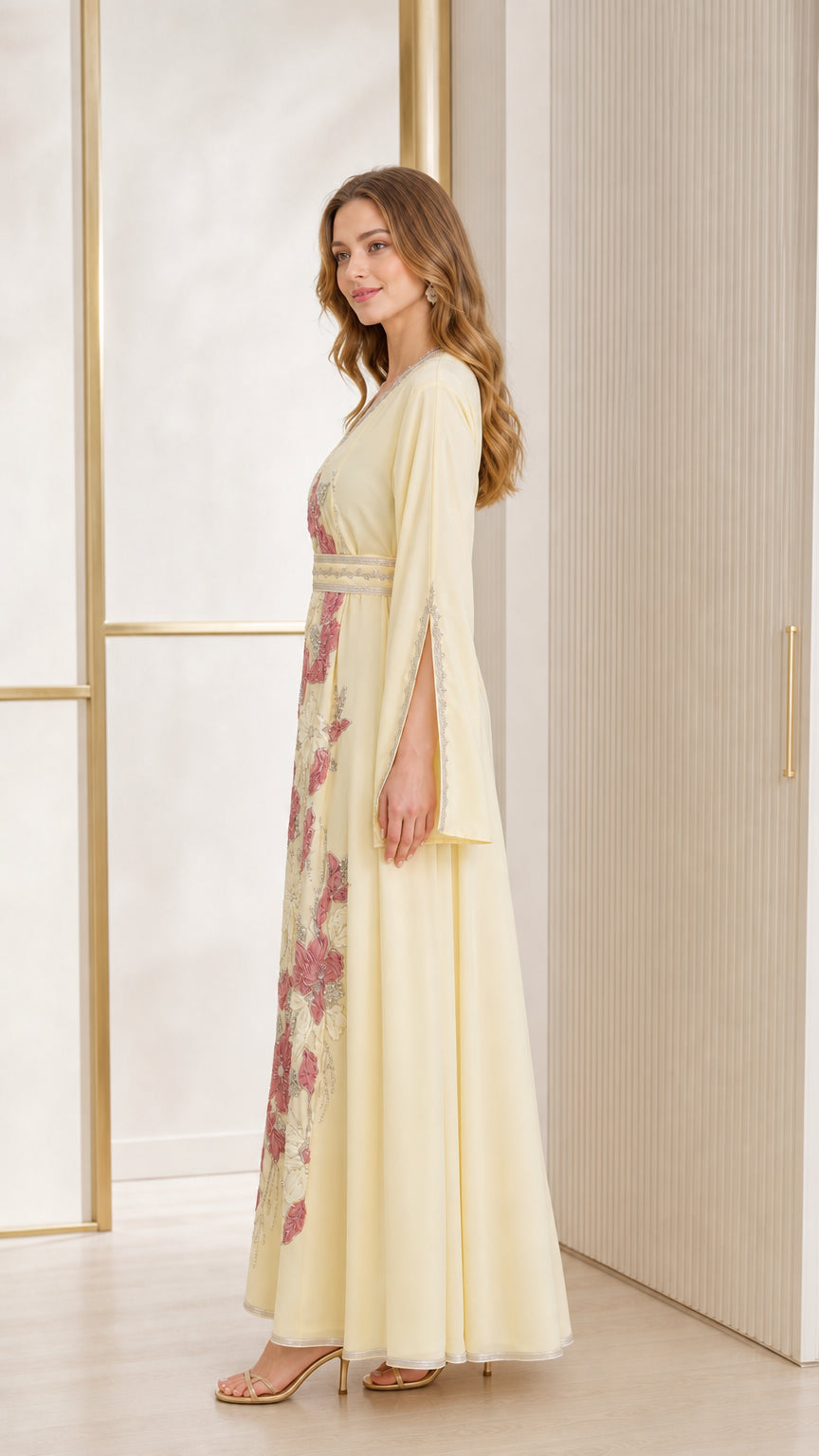 Side profile of Butter Yellow long sleeve kaftan dress with slit sleeves