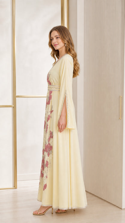 Side profile of Butter Yellow long sleeve kaftan dress with slit sleeves