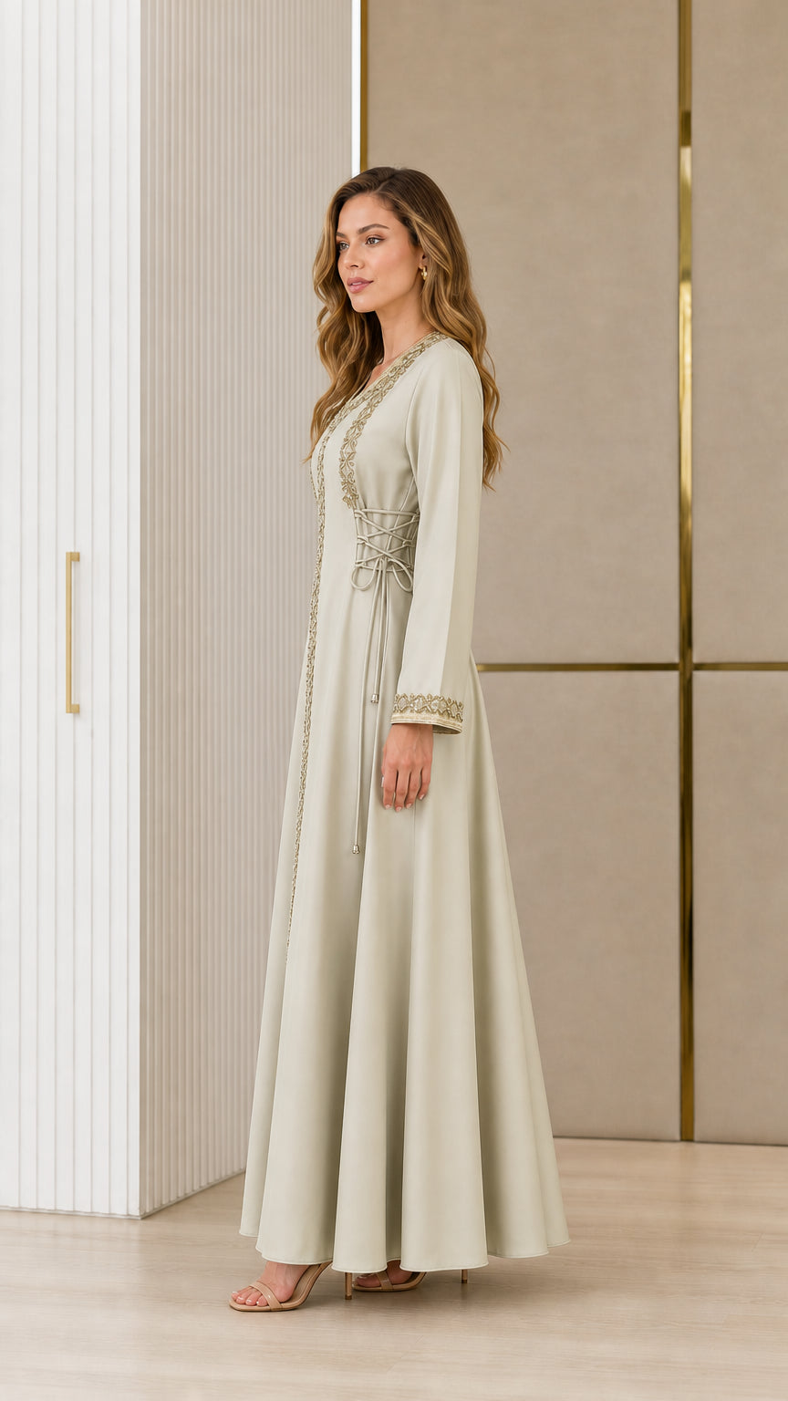 Side angle of sage green long sleeve embroidered maxi dress