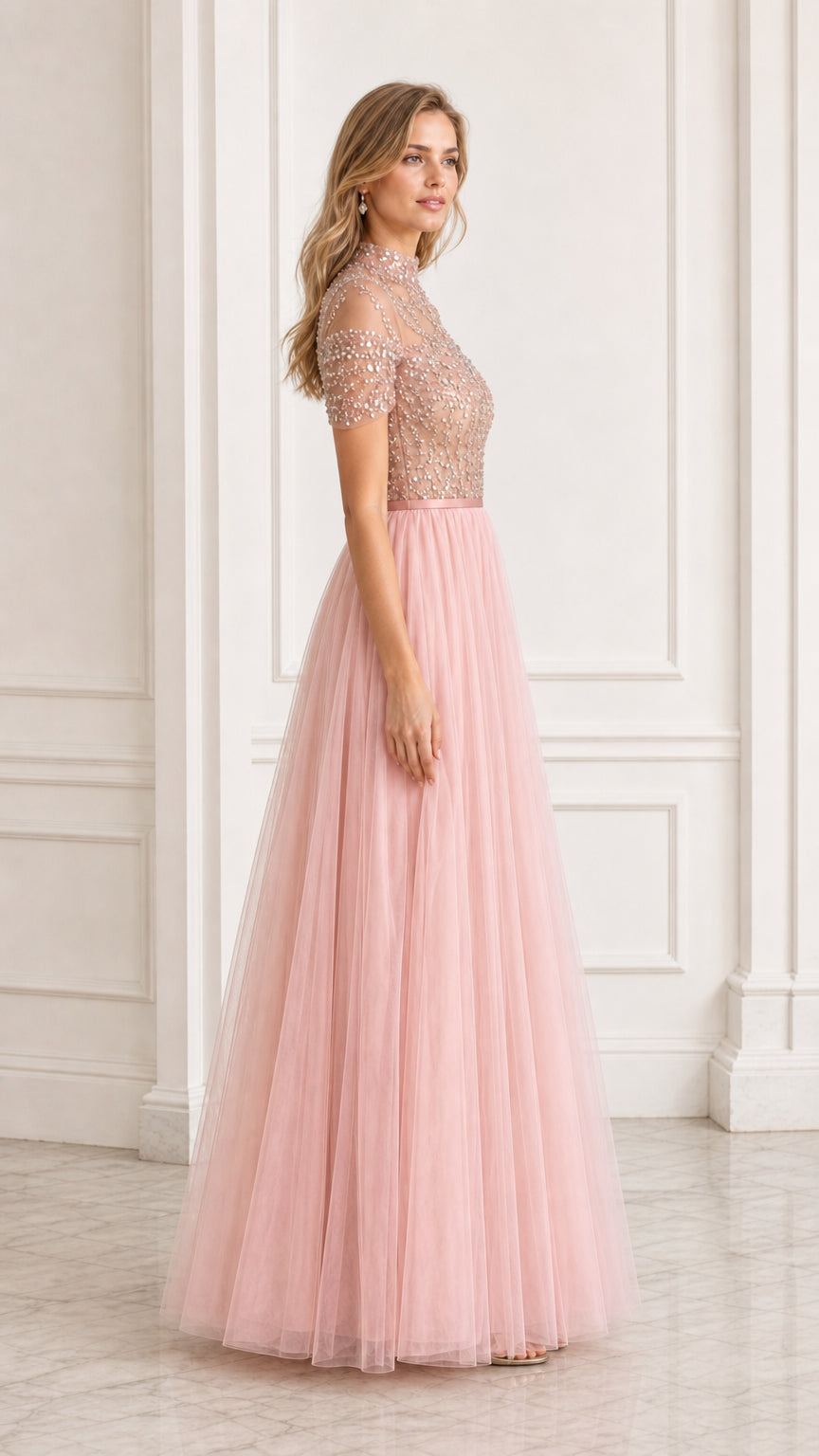Blush pink short sleeve beaded tulle maxi dress side view