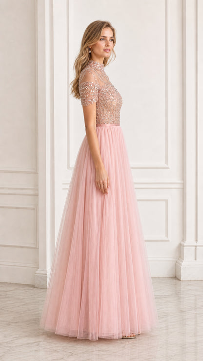 Blush pink short sleeve beaded tulle maxi dress side view