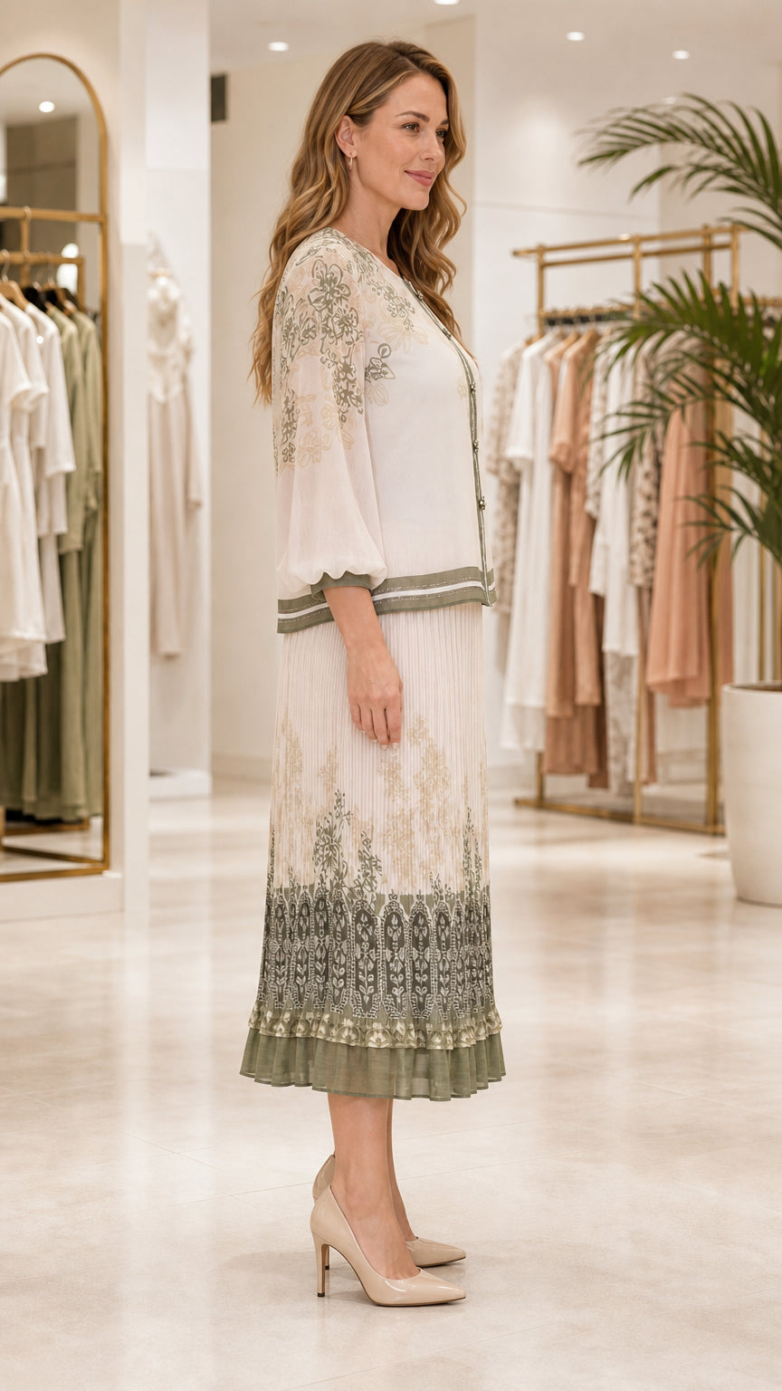 Side profile view of cream floral print two-piece blouse and midi skirt set