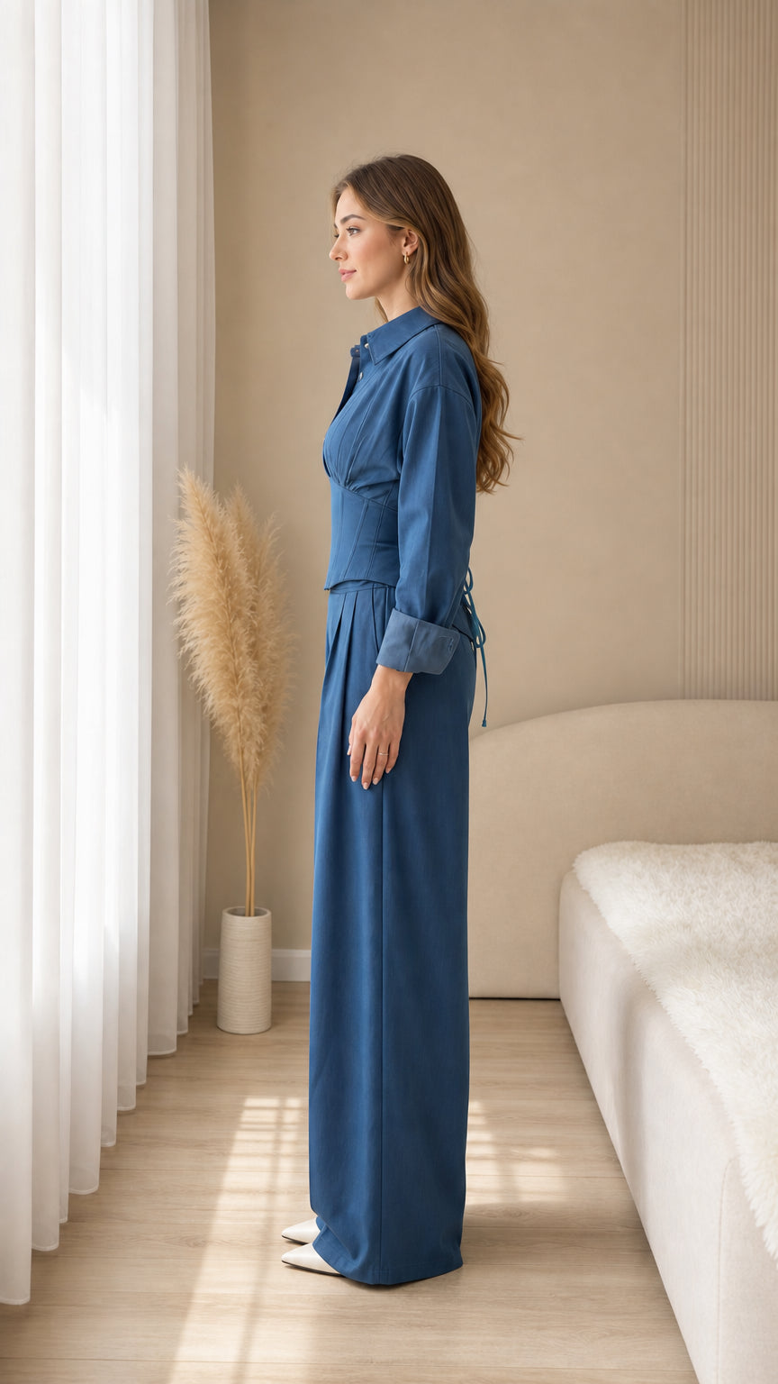 Side profile of slate blue 2-piece collared top and tailored trousers outfit