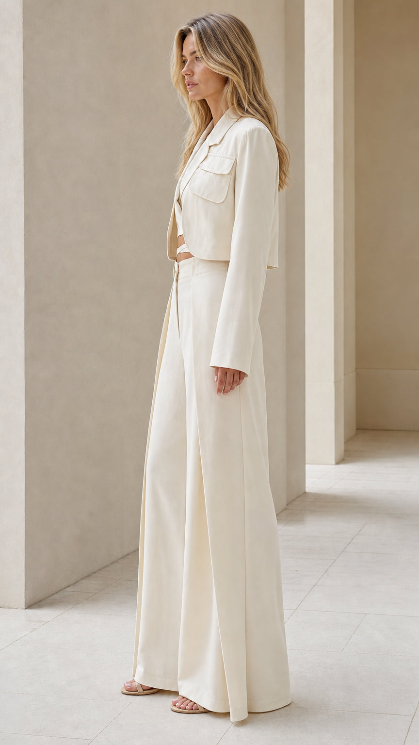 Side profile view of cream tailored cropped blazer and sweeping wide-leg pants