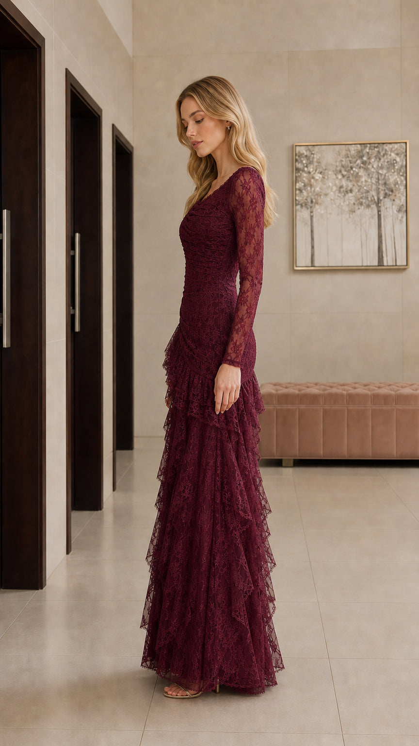 Burgundy lace evening gown side profile view