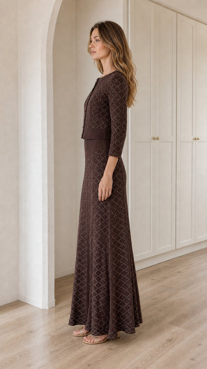 Side profile view of Chocolate Brown two-piece knit cardigan and long skirt set
