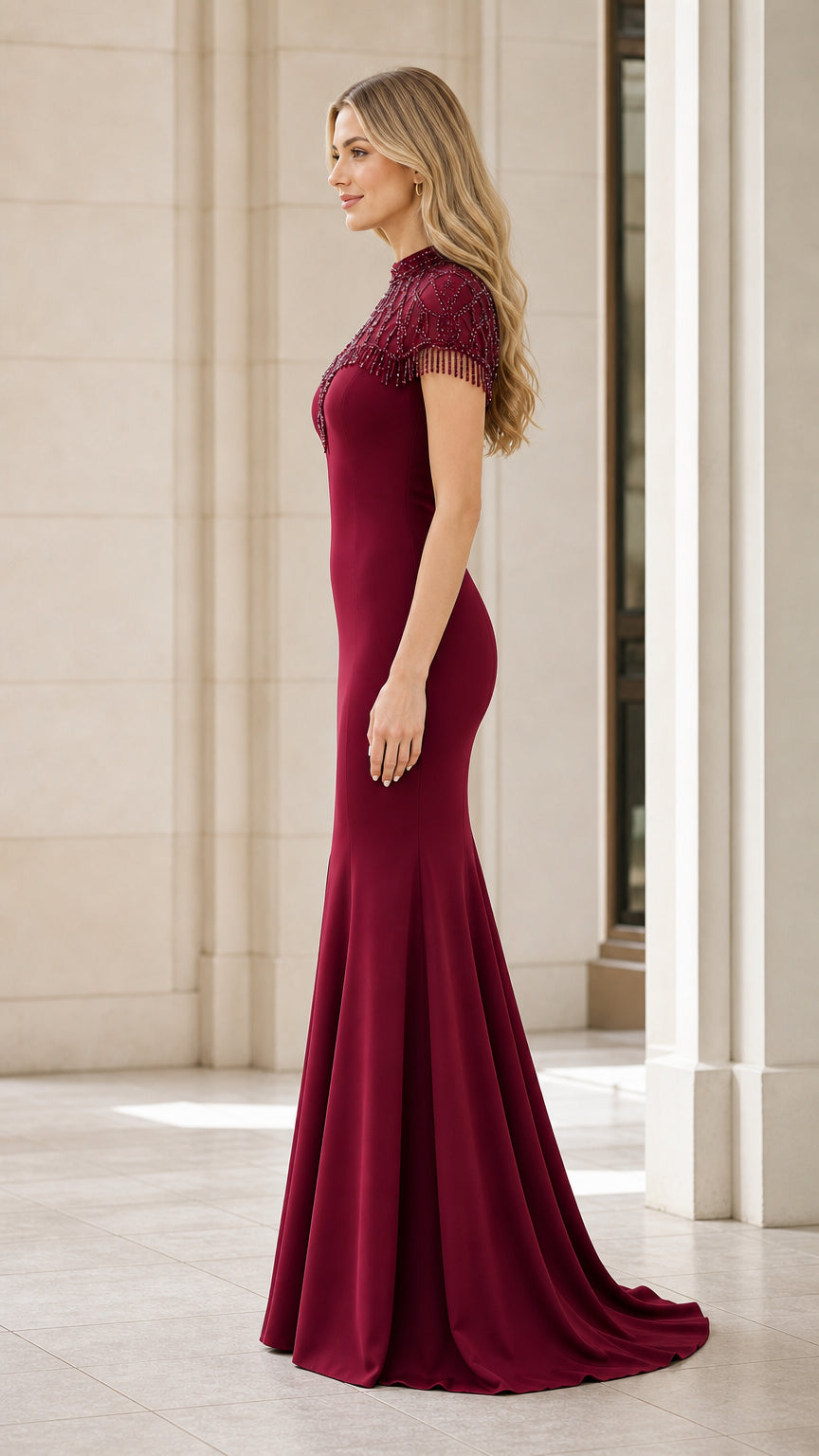 Side profile of Burgundy High Neck Formal Mermaid Dress