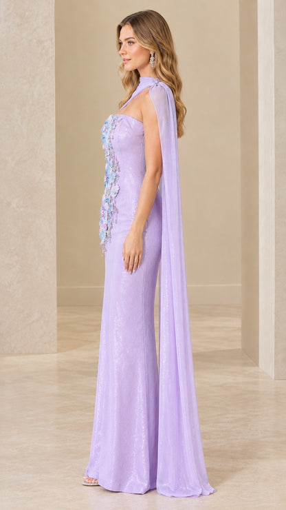 Side profile of lavender formal cape gown showcasing column silhouette