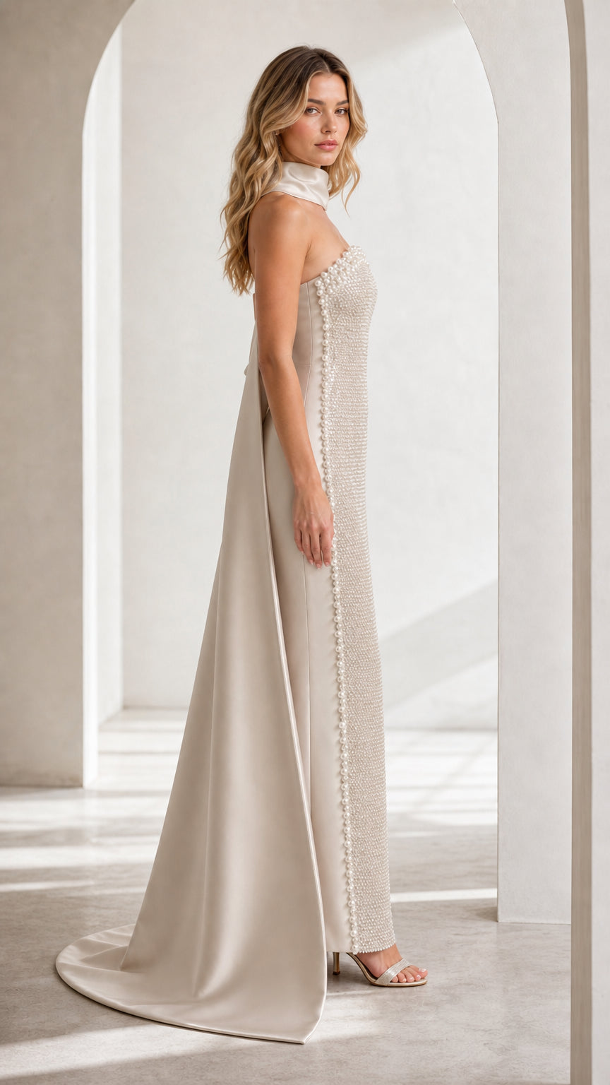Side profile view of Champagne beaded gown showing overskirt silhouette