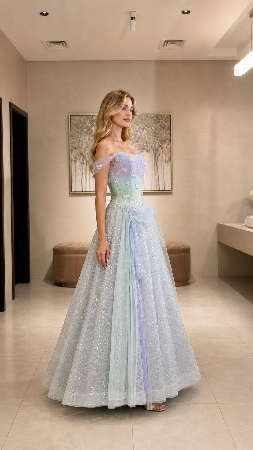 Side profile of model in pastel ombre sparkly ball gown with draped waist detail
