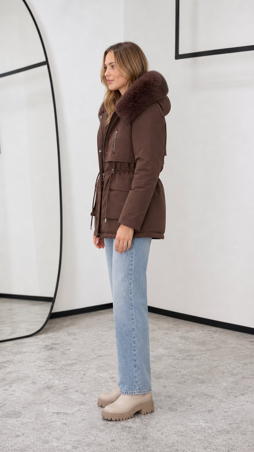Side view of chocolate brown drawstring waist hooded winter parka jacket