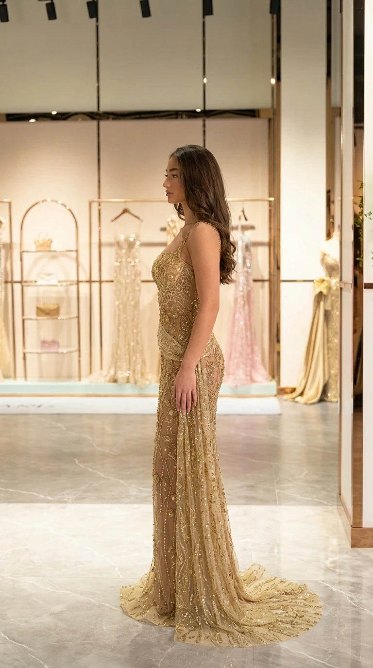 Side profile view of fitted gold sequin formal gown showing silhouette