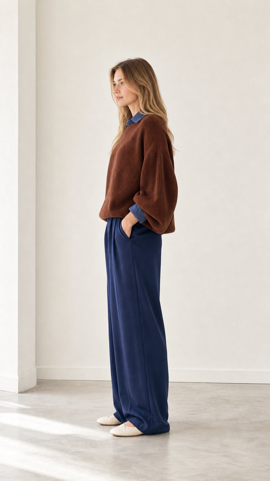 Side profile view of model wearing brown layered collared knit sweater