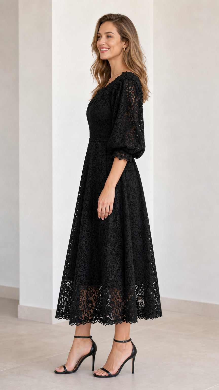 Side view of black scalloped neck floral lace midi dress