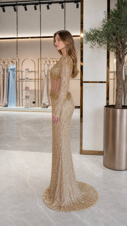 Side profile view of Champagne Gold sequined mermaid gown showing silhouette and train