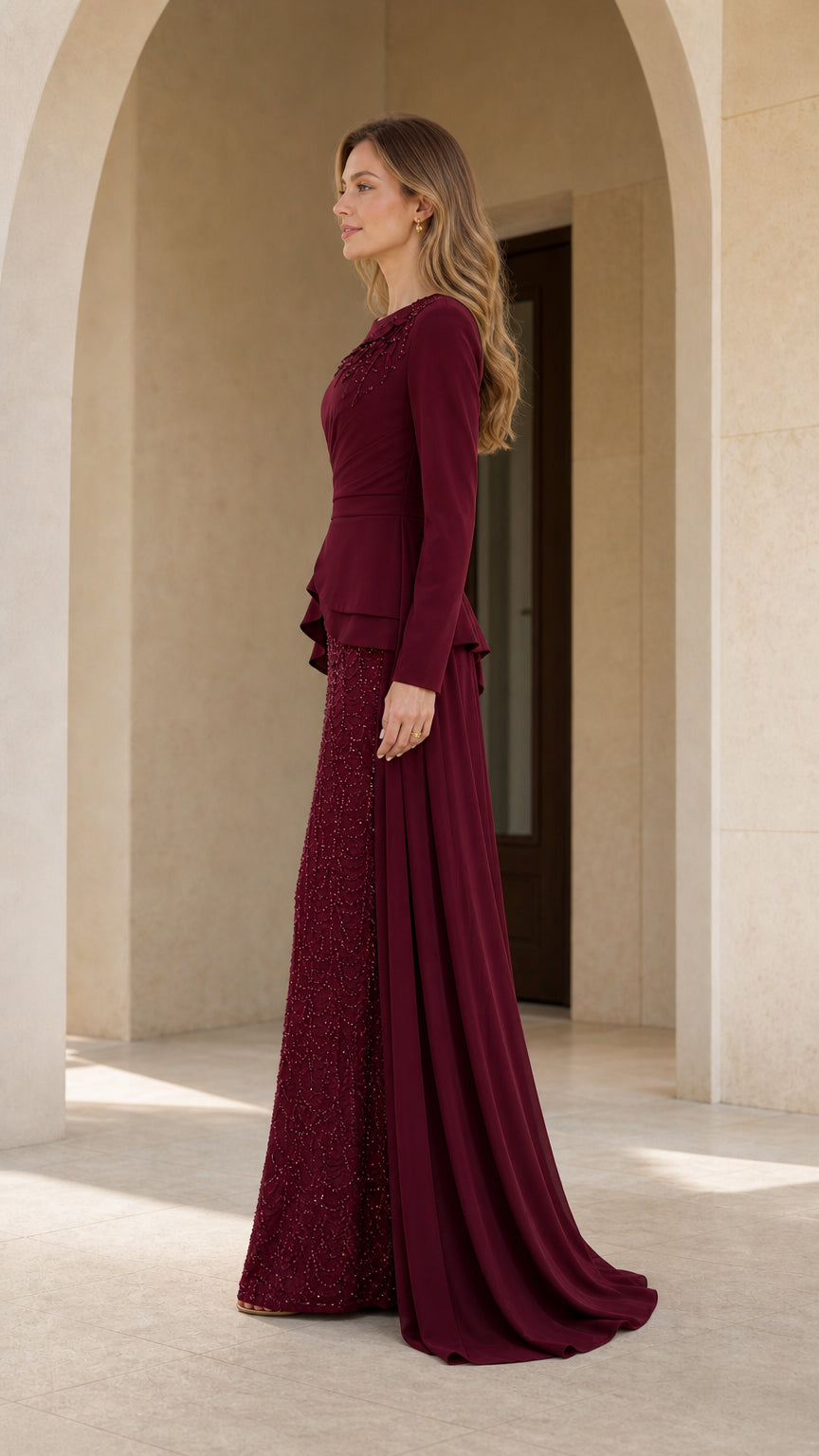 Burgundy elegant mother of the bride dress with side draped train - side view