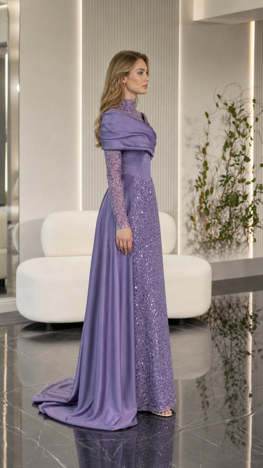 Side profile of lavender sequin formal gown with sweeping satin train