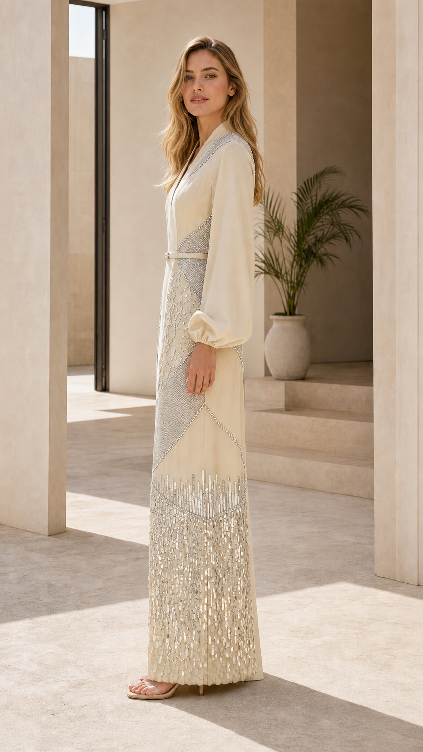 Champagne embellished long-sleeve maxi dress - side angled view