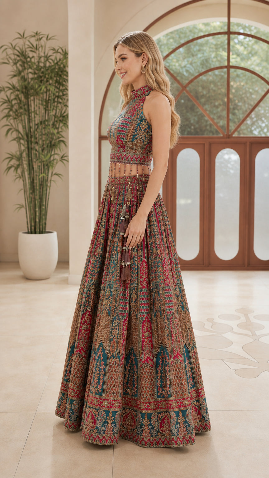 Side profile of model in embroidered halter crop top and sweeping maxi skirt