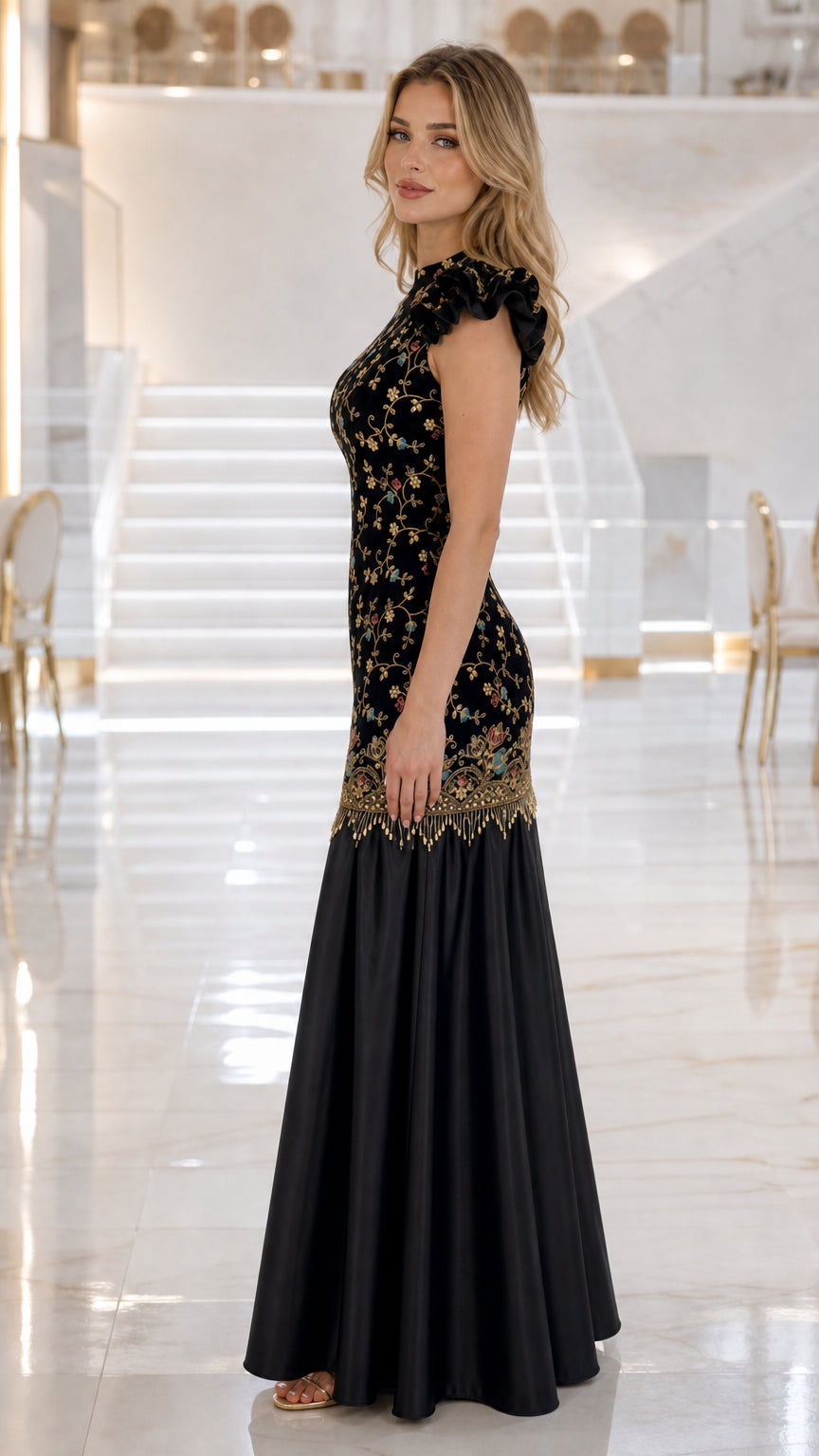 Side profile of woman wearing black floral embroidered mermaid evening gown