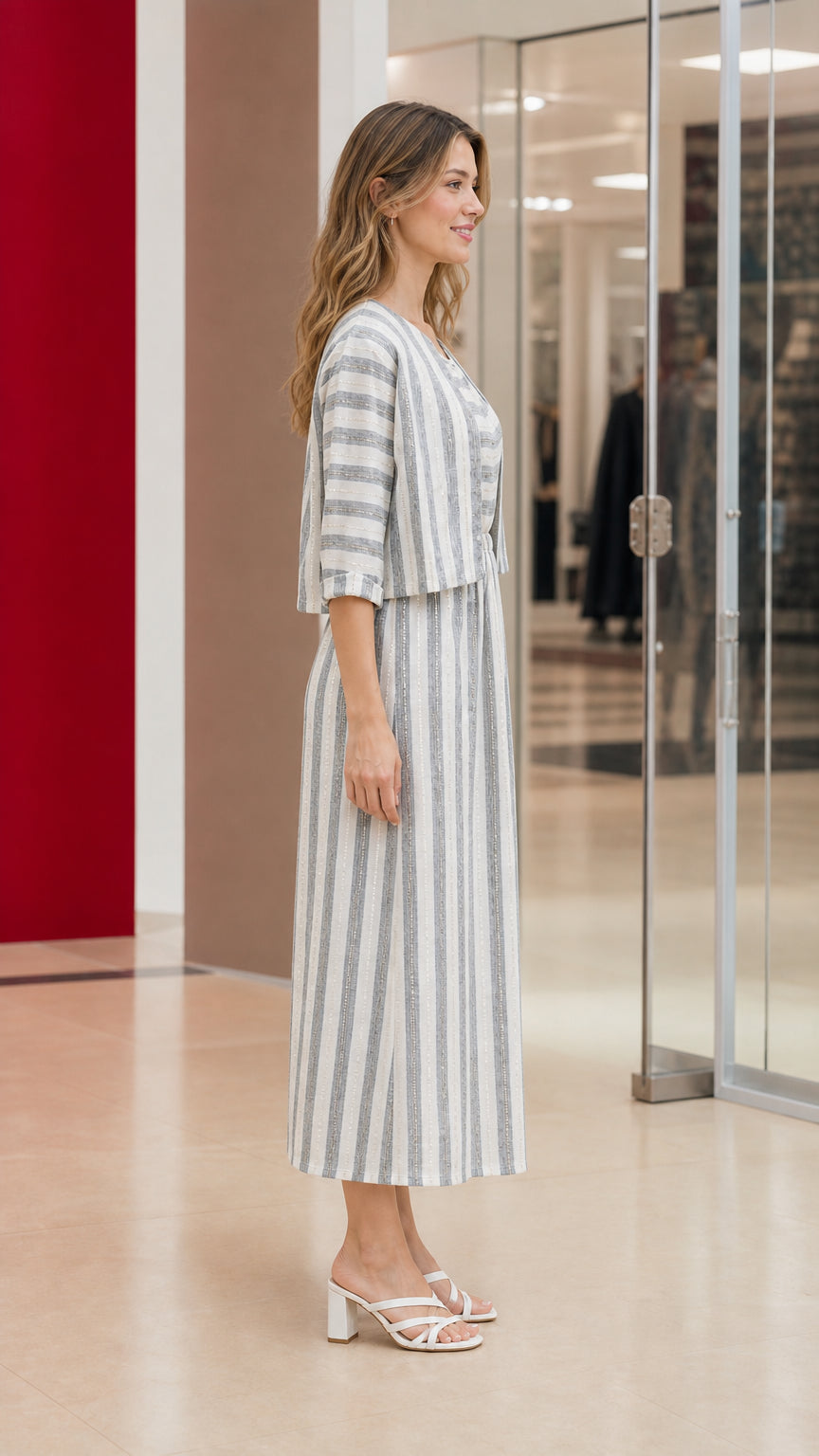Side profile of woman wearing grey striped maxi dress set with 3/4 sleeve bolero