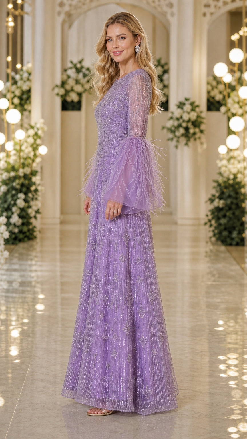 Side profile of lavender floor-length formal gown with sparkling beadwork and feather cuffs