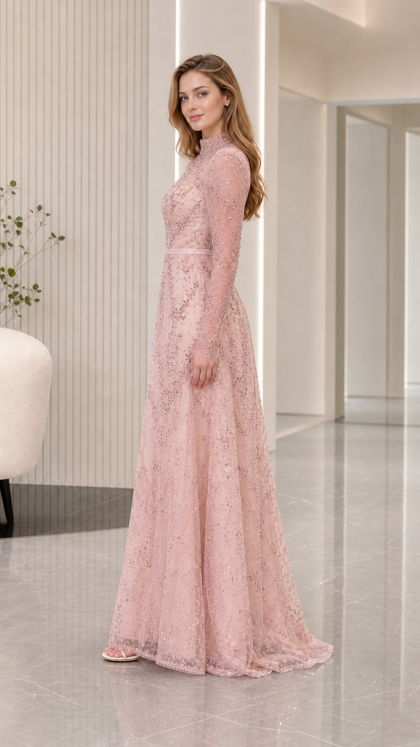 Blush pink embellished formal maxi dress 3/4 side profile view