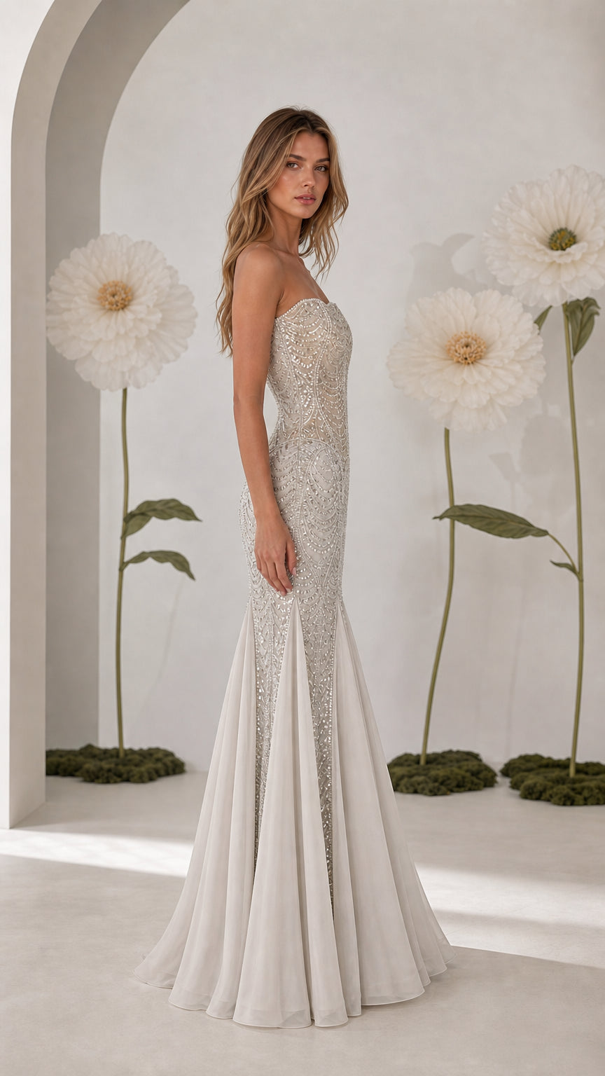 Side profile view of silver strapless beaded formal gown with sweeping train