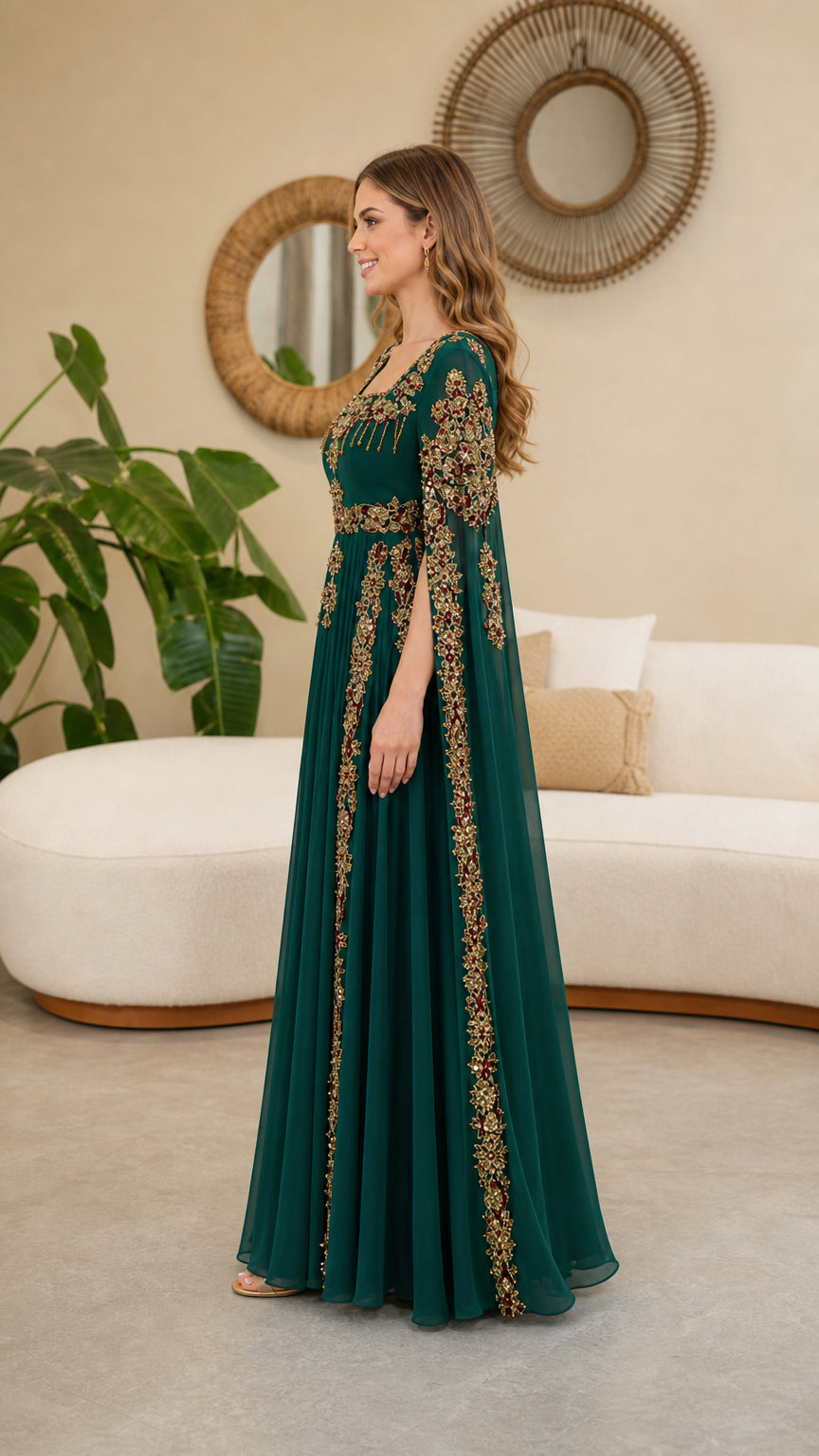 Side angle view of model in Emerald Green cape sleeve formal evening gown