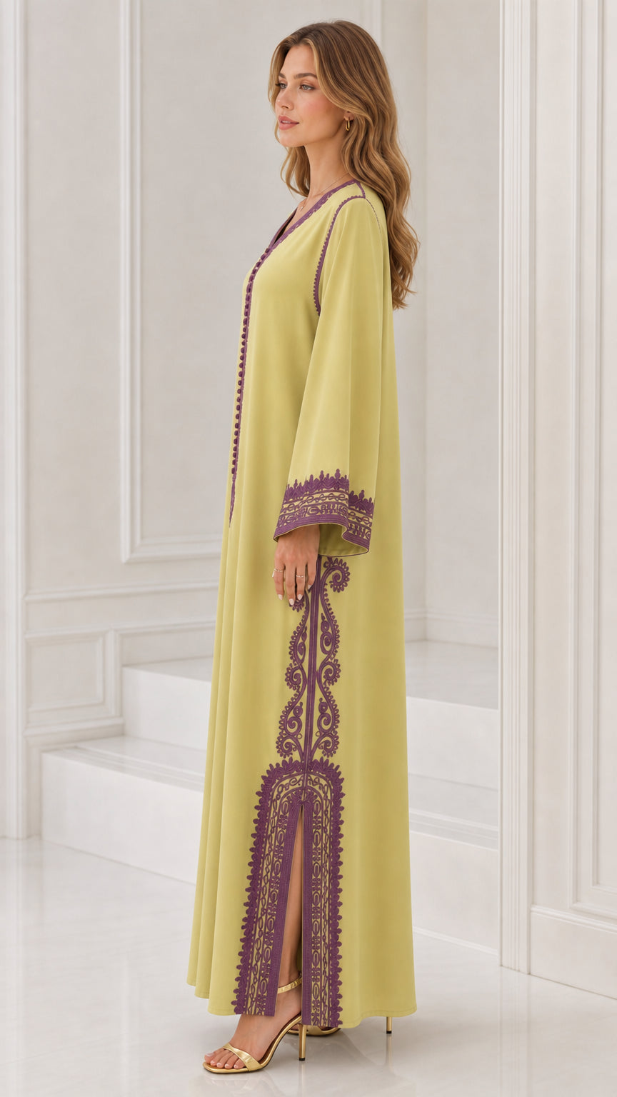 Side profile view of lime green embroidered kaftan dress showing side slit detail