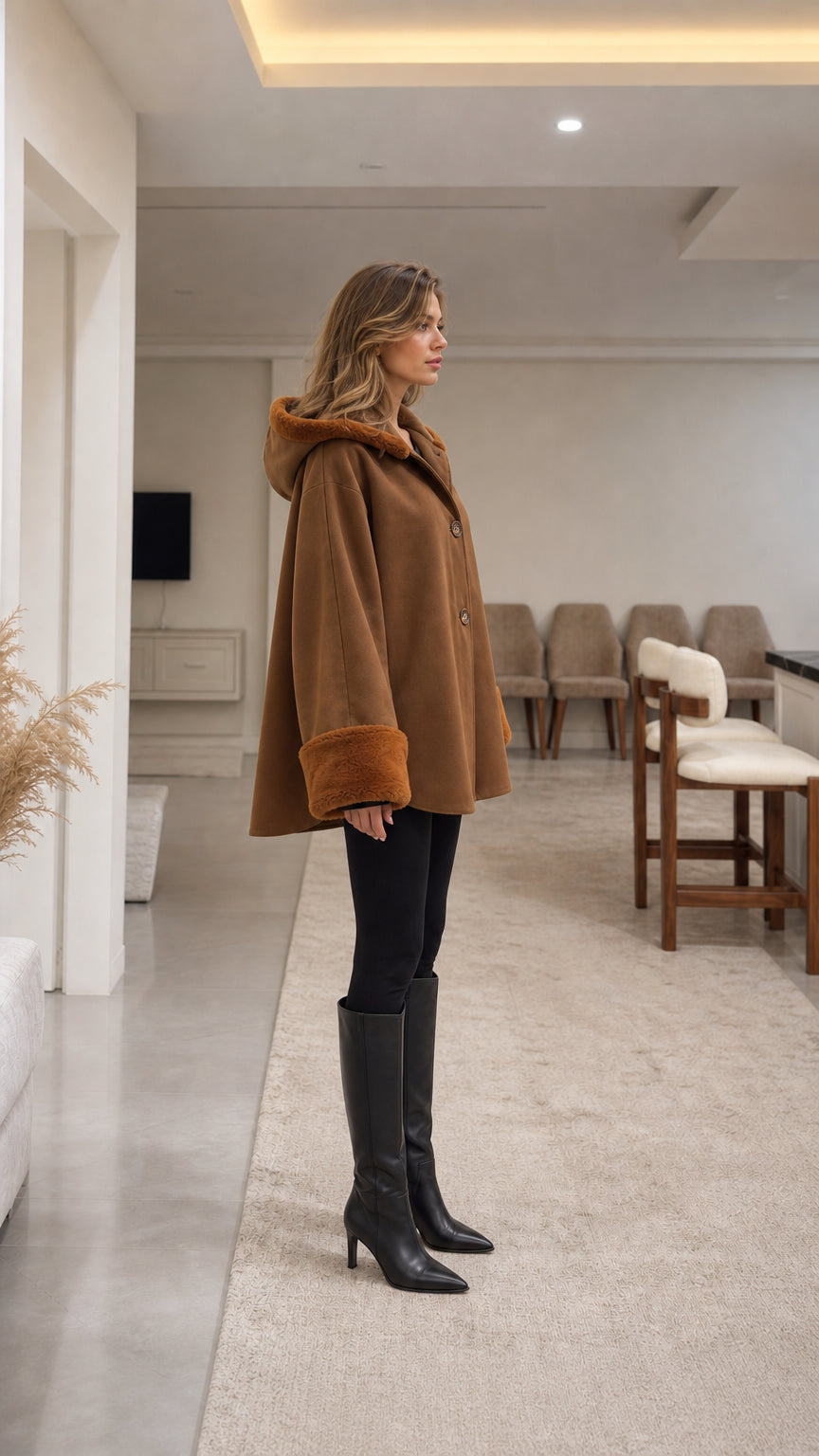 Side profile view of model wearing camel hooded cape jacket